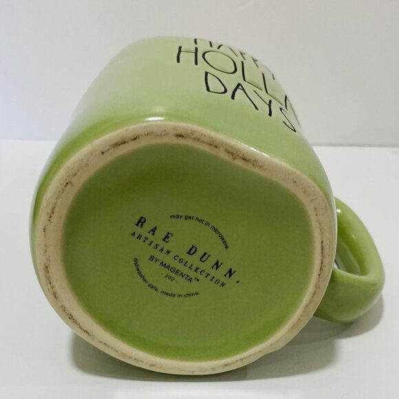RAE DUNN GREEN HAPPY HOLLA DAYS MAGENTA CERAMIC TEA COFFEE CHRISTMAS MUG - Picture 3 of 3